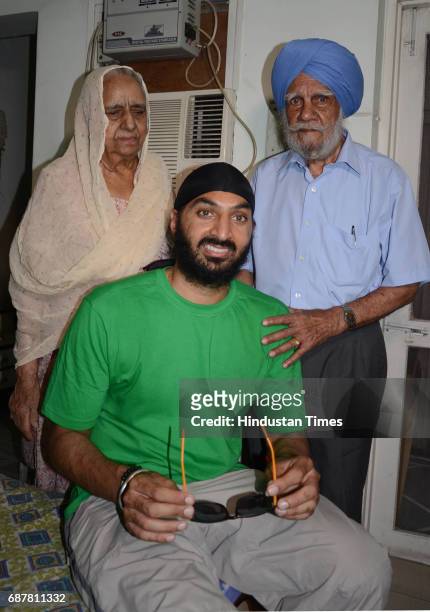 England Cricketer Monty Panesar with his grandparents at residence in Friends Colony of Model Gram area on May 24, 2017 in Ludhiana, India.
