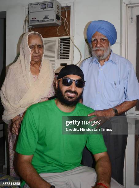 England Cricketer Monty Panesar with his grandparents at residence in Friends Colony of Model Gram area on May 24, 2017 in Ludhiana, India.