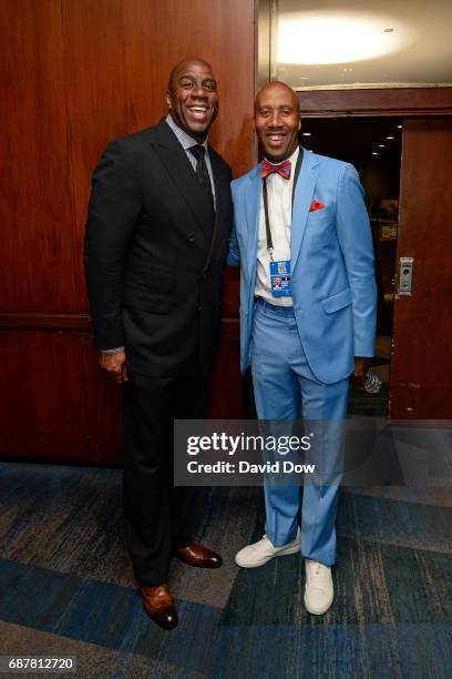 Magic Johnson of the Los Angeles Lakers poses for a photo with Former NBA player, Bruce Bowen during the 2017 NBA Draft Lottery at the New York...