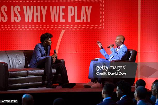 Former NBA player, Bruce Bowen has a conversation with NB ADraft prospect, Jonathan Isaac during the 2017 NBA Draft Lottery at the New York Hilton in...