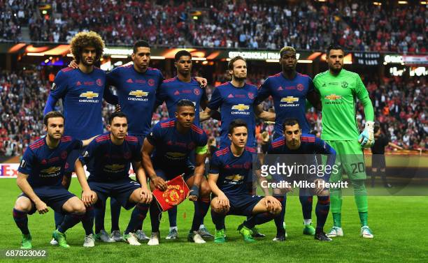 The Manchester United team line up prior to the UEFA Europa League Final between Ajax and Manchester United at Friends Arena on May 24, 2017 in...
