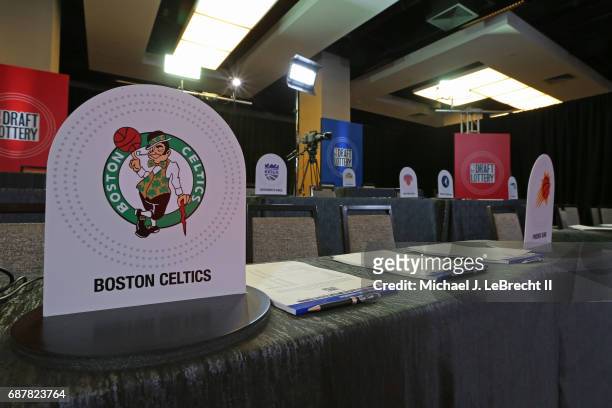 Close up shot of the Boston Celtics logo during the 2017 NBA Draft Lottery at the New York Hilton in New York, New York. NOTE TO USER: User expressly...