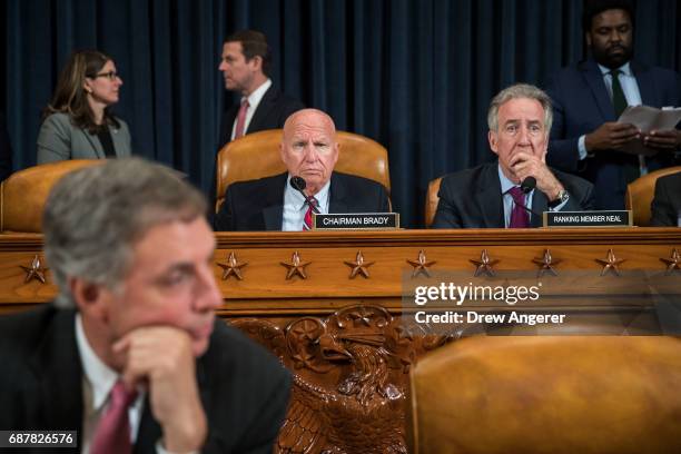 Committee chairman Rep. Kevin Brady and ranking member Rep. Richard Neal look on at the start of a House Ways and Means Committee hearing concerning...