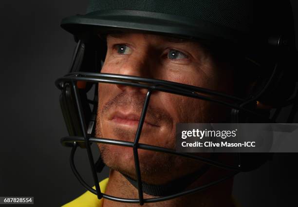 David Warner of Australia poses during a portrait session ahead of the ICC Champions Trophy at the Royal Garden Hotel on May 24, 2017 in London,...