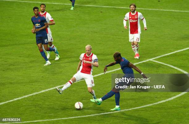 Paul Pogba of Manchester United scores his sides first goal during the UEFA Europa League Final between Ajax and Manchester United at Friends Arena...