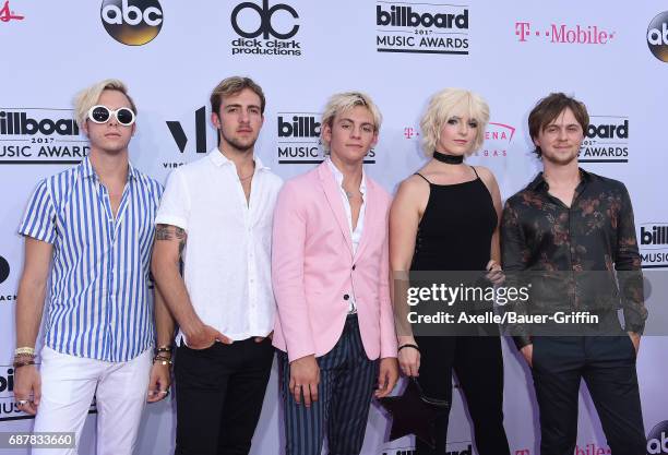 Singers Ross Lynch, Rocky Lynch, Riker Lynch, Rydel Lynch, Ellington Ratliff of R5 arrive at the 2017 Billboard Music Awards at T-Mobile Arena on May...