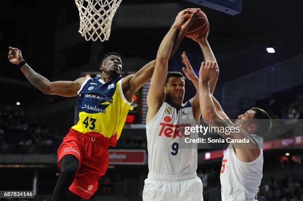 Felipe Reyes, #9 forward of Real Madrid and Antetokounmpo, #43 center of Andorra during the Liga Endesa Play off game between Real Madrid and Andorra...