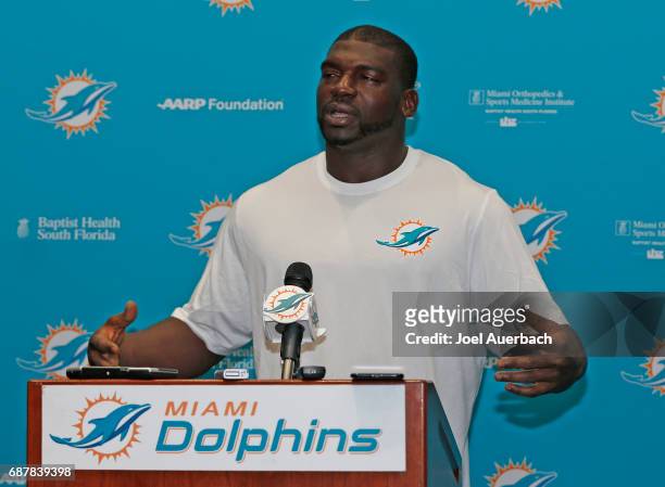 Lawrence Timmons of the Miami Dolphins talks to the media after the team's OTAs on May 23, 2017 at the Miami Dolphins training facility in Davie,...
