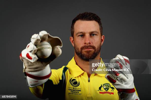 Matthew Wade of Australia poses during a portrait session ahead of the ICC Champions Trophy at the Royal Garden Hotel on May 24, 2017 in London,...