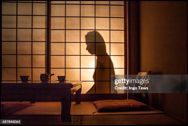 shadows on a paper wall - tea ceremony stock pictures, royalty-free photos & images