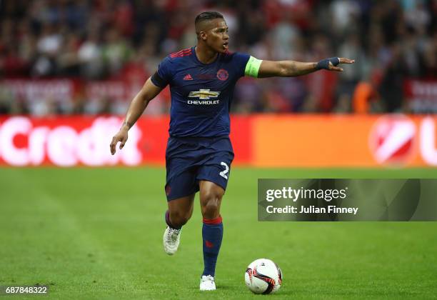 Antonio Valencia of Manchester United in action during the UEFA Europa League Final between Ajax and Manchester United at Friends Arena on May 24,...