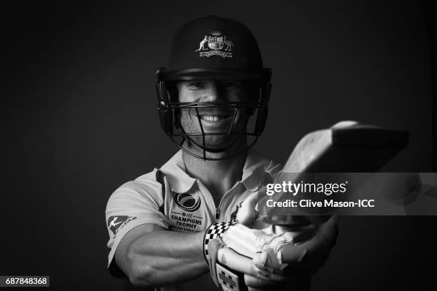 David Warner of Australia poses during a portrait session ahead of the ICC Champions Trophy at the Royal Garden Hotel on May 24, 2017 in London,...