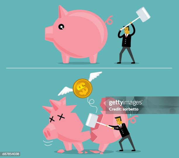 businessman broken piggy bank - smashed piggy bank stock illustrations