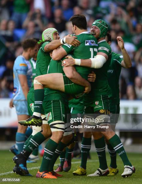 Ciaran Hearn of London Irish celebrates his sides first try during the Greene King IPA Championship Final Second Leg match between London Irish and...