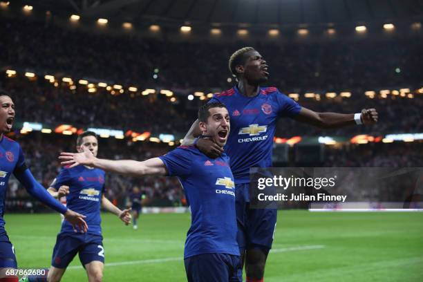 Henrikh Mkhitaryan of Manchester United celebrates scoring his sides second goal with Paul Pogba of Manchester United during the UEFA Europa League...