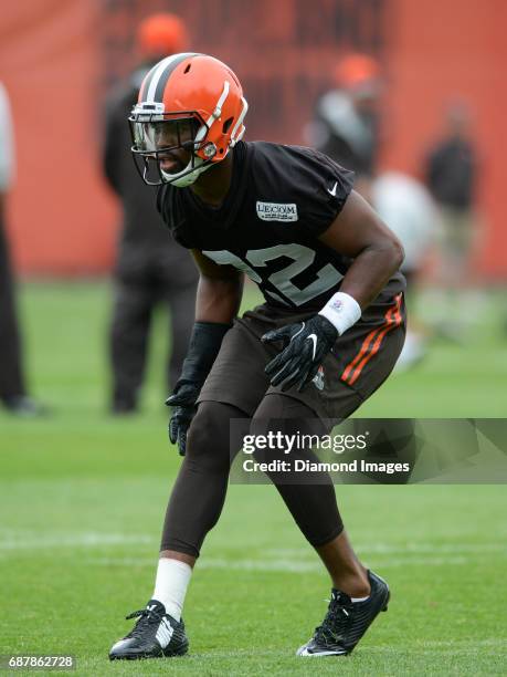 Defensive back Tyvis Powell of the Cleveland Browns takes part in a drill during the first OTA practice on May 24, 2017 at the Cleveland Browns...