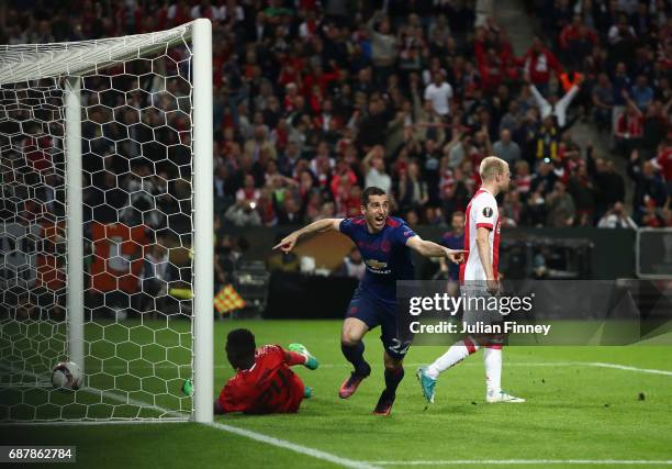 Henrikh Mkhitaryan of Manchester United celebrates scoring his sides second goal during the UEFA Europa League Final between Ajax and Manchester...