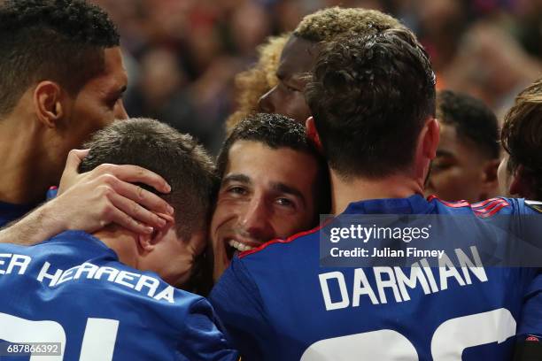 Henrikh Mkhitaryan of Manchester United celebrates scoring his sides second goal with his Manchester United team mates during the UEFA Europa League...