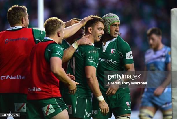 Alex Lewington of London Irish celebrates scoring their fifth try during the Greene King IPA Championship Final: Second Leg match between London...