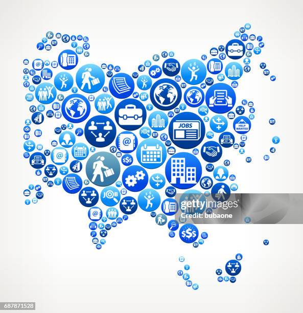 asia work and employment blue vector button pattern - asian man using computer stock illustrations