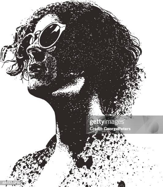 retro-sprühfarbe, graffiti-porträt einer jungen frau mit vintage sonnenbrille - frau gesicht sinnlich stock-grafiken, -clipart, -cartoons und -symbole