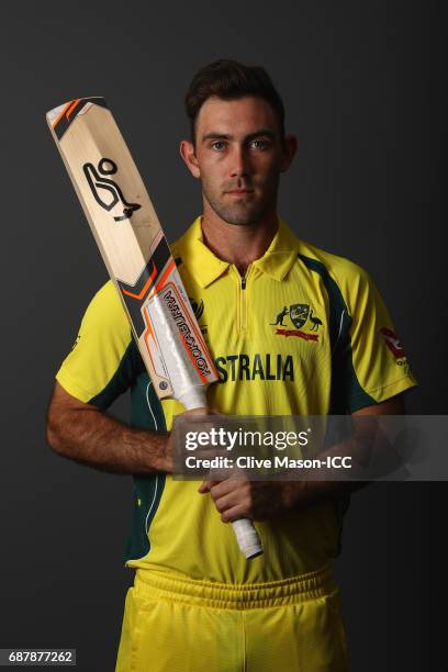 Glenn Maxwell of Australia poses during a portrait session ahead of the ICC Champions Trophy at the Royal Garden Hotel on May 24, 2017 in London,...