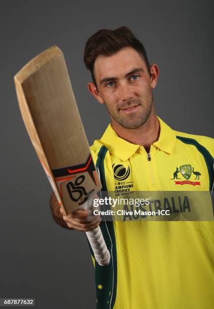 Glenn Maxwell of Australia poses during a portrait session ahead of the ICC Champions Trophy at the Royal Garden Hotel on May 24, 2017 in London,...