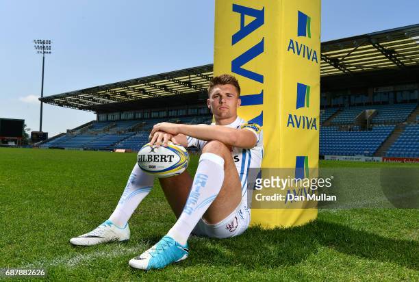 Henry Slade of Exeter Chiefs poses during the media day ahead of the Aviva Premiership Final against Wasps at Sandy Park on May 24, 2017 in Exeter,...