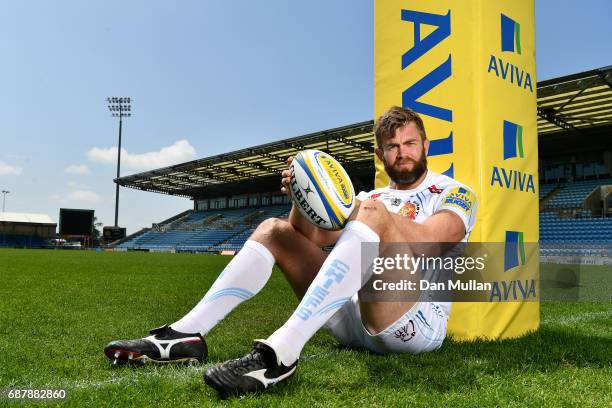 Geoff Parling of Exeter Chiefs poses during the media day ahead of the Aviva Premiership Final against Wasps at Sandy Park on May 24, 2017 in Exeter,...