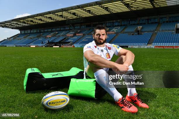 Don Armand of Exeter Chiefs poses during the media day ahead of the Aviva Premiership Final against Wasps at Sandy Park on May 24, 2017 in Exeter,...