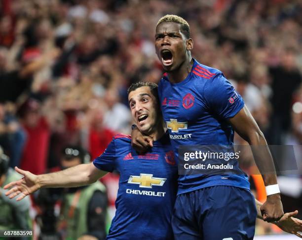 Henrikh Mkhitarya and Paul Pogba of Manchester United celebrate after scoring a goal during the UEFA Europa League final match between Manchester...