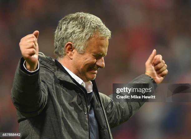 Jose Mourinho, Manager of Manchester United shows his emotions as he celebrates victory following the UEFA Europa League Final between Ajax and...