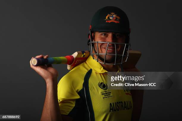 Marcus Stoinis of Australia poses during a portrait session ahead of the ICC Champions Trophy at the Royal Garden Hotel on May 24, 2017 in London,...