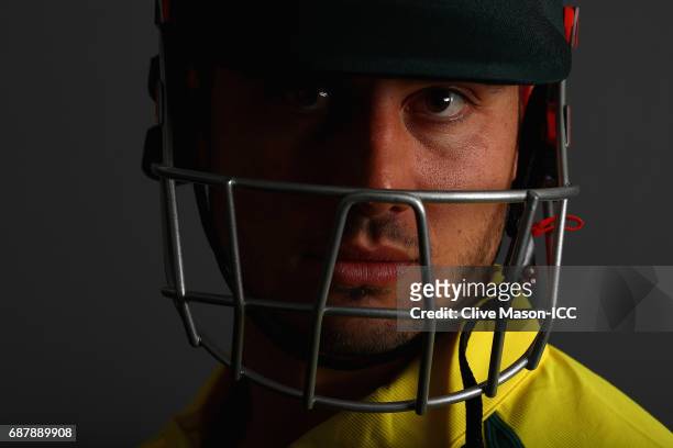 Marcus Stoinis of Australia poses during a portrait session ahead of the ICC Champions Trophy at the Royal Garden Hotel on May 24, 2017 in London,...