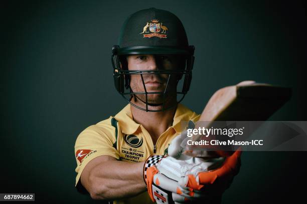 David Warner of Australia poses during a portrait session ahead of the ICC Champions Trophy at the Royal Garden Hotel on May 24, 2017 in London,...