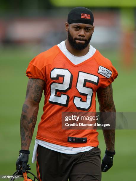 Running back George Atkinson III of the Cleveland Browns walks off the field after the first OTA practice on May 24, 2017 at the Cleveland Browns...