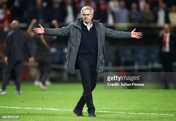 Jose Mourinho, Manager of Manchester United shows his emotions as he celebrates victory following the UEFA Europa League Final between Ajax and...