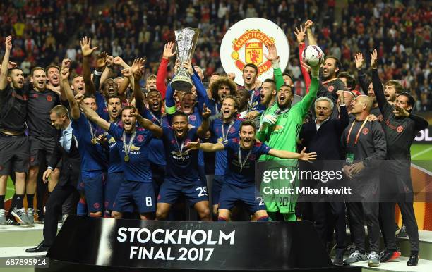 Wayne Rooney of Manchester United lifts The Europa League trophy after the UEFA Europa League Final between Ajax and Manchester United at Friends...