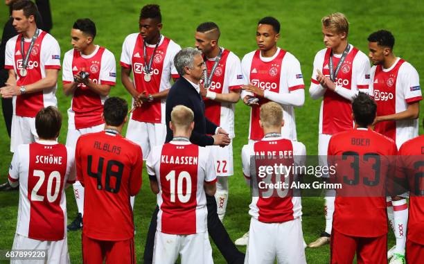 The Ajax team create a guard of honor for Jose Mourinho, Manager of Manchester United after the UEFA Europa League Final between Ajax and Manchester...