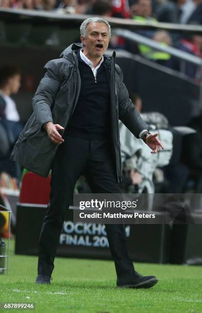 Manager Jose Mourinho of Manchester United watches from the touchline during the UEFA Europa League Final match between Manchester United and Ajax at...