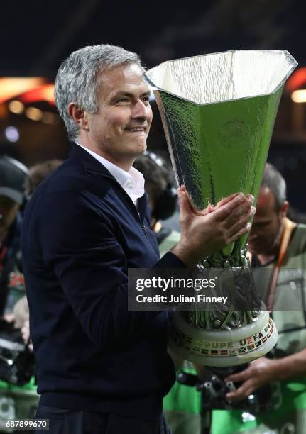 Jose Mourinho, Manager of Manchester United celebrates with The Europa League trophy after the UEFA Europa League Final between Ajax and Manchester...