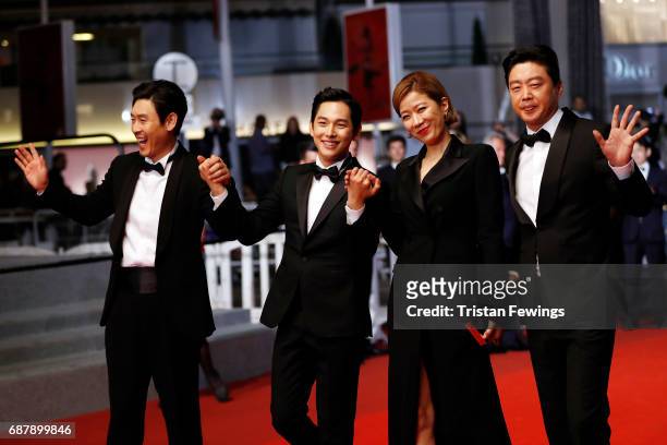 Actors Kyoung-gu Sul, Yim Si-wan, Hye-Jin Jeon and Kim Hee-won attend the "The Merciless " screening during the 70th annual Cannes Film Festival at...