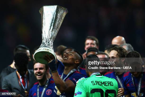 Antonio Valencia of Manchester United celebrates with The Europa League trophy after the UEFA Europa League Final between Ajax and Manchester United...