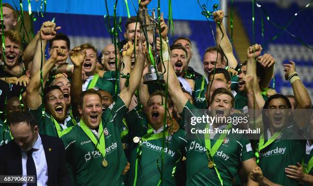 The players of London Irish celebrate winning the Greene King IPA Championship Final: Second Leg match between London Irish and Yorkshire Carnegie at...