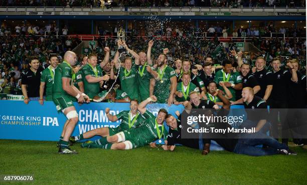 The players of London Irish celebrate winning the Greene King IPA Championship Final: Second Leg match between London Irish and Yorkshire Carnegie at...