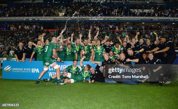 The players of London Irish celebrate winning the Greene King IPA Championship Final: Second Leg match between London Irish and Yorkshire Carnegie at...