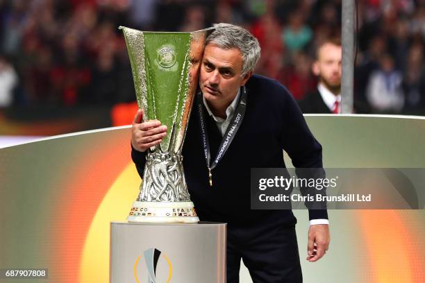 Manchester United manager Jose Mourinho celebrates with the trophy following the UEFA Europa League Final match between Ajax and Manchester United at...