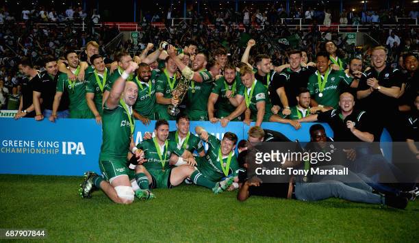 The players of London Irish celebrate winning the Greene King IPA Championship Final: Second Leg match between London Irish and Yorkshire Carnegie at...