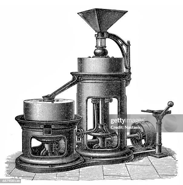 chocolate making machine ,twin cocoa mil - angle grinder stock illustrations