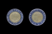 Italian Lira coin bearing the portrait of Luca Pacioli (1447-1517), released by Italy in 1994 on the 500th anniversary of his treatise Summa de arithmetica (i.e. On arithmetics)